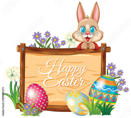 Happy Easter Wooden Sign with Cute Bunny and Colorful Eggs