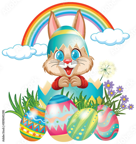 Cartoon Easter Bunny Popping Out of Egg with Rainbow and Flowers