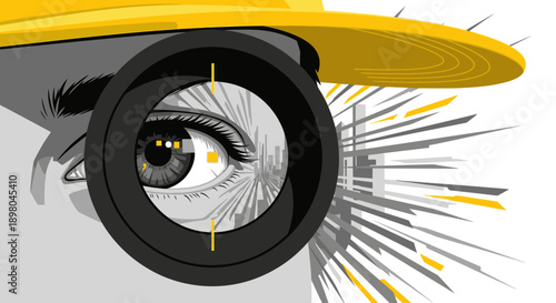 A focused eye, seen through a targeting scope, reflects an urban landscape while wearing a yellow hard hat, symbolizing strategic vision and future development.