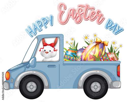Easter Bunny Driving a Blue Pickup Truck Filled with Decorated Eggs
