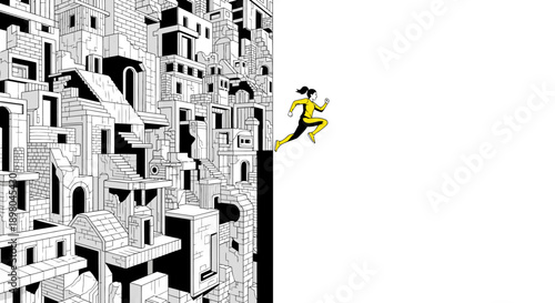 A vibrant person in yellow leaps from a dense, monochromatic urban maze into a vast, bright white space, symbolizing liberation and new paths.