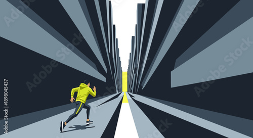 An energetic athlete sprints through a modern, abstract urban environment, driven towards a bright, distant light, symbolizing progress and determination.