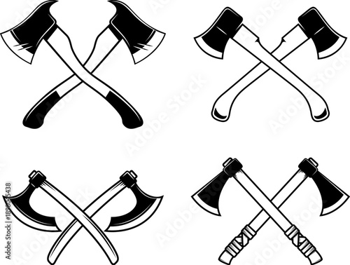 A black and white vector set of crossed axes. This high-contrast collection features various styles including hatchets, battle axes, and tomahawks.
