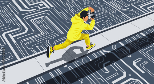 A vibrant figure in a yellow tracksuit sprints across an intricate circuit board landscape, symbolizing rapid technological advancement and digital exploration.