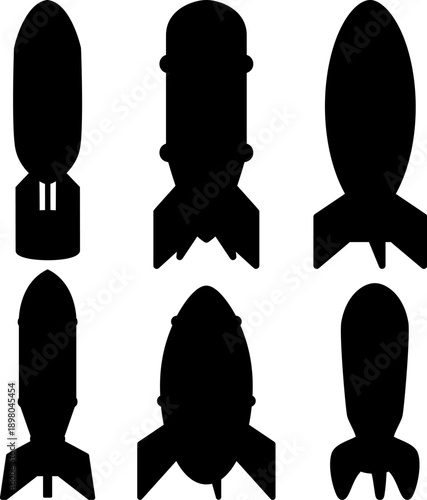 A collection of six black silhouettes of various aircraft bombs and missiles. These high-contrast military icons feature different aerodynamic shapes and tail fins.