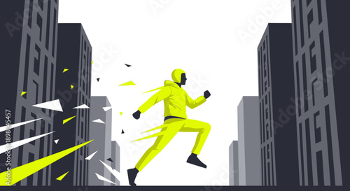A vibrant yellow-clad individual sprints dynamically through a stylized urban canyon, illustrating speed, progress, and modern city life with energetic motion.