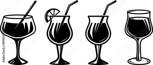 A set of four black and white vector illustrations of cocktail glasses. Each glass features a drinking straw and citrus garnish, rendered in a bold graphic style.