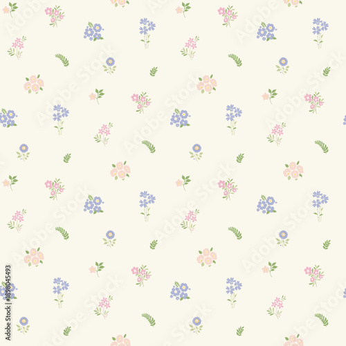 Seamless floral pattern, ditsy floral, flower fabric print in vintage liberty style on light background, timeless floral, small soft flower. Surface design for home textile, wallpaper pattern, fabric,