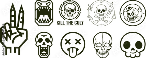 Edgy vector icon set featuring skulls, monster mouth, zombie hand, and urban badges. Modern streetwear graphic elements and patches for apparel and logo design.