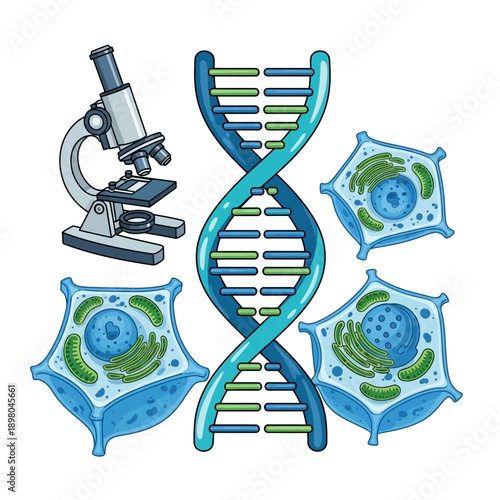 Microscope DNA Cells Scientific Research Illustration.