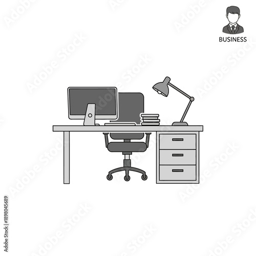 Office Desk with Computer and Chair.