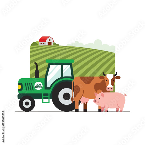 Tractor with Cow and Pig on Farm.
