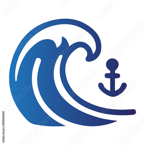 Stylized graphic illustration of a blue ocean wave crashing with a classic ship anchor symbol, embodying marine adventure and maritime safety and stability