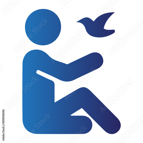 Stylized blue icon of a seated person reaching out to a flying bird, symbolizing freedom, peace, and harmonious connection between humanity and nature, embodying empathy and care