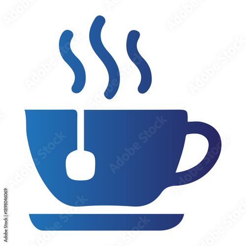A soothing blue gradient icon depicting a steaming teacup with a brewing tea bag, symbolizing comfort, tranquility, and the refreshing essence of a warm beverage break