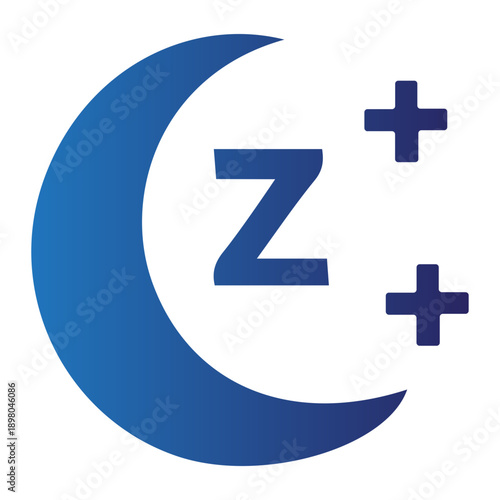 A serene blue crescent moon icon with a stylized 'Z' and two positive symbols, representing good sleep, rest, health, and peaceful night's rejuvenation