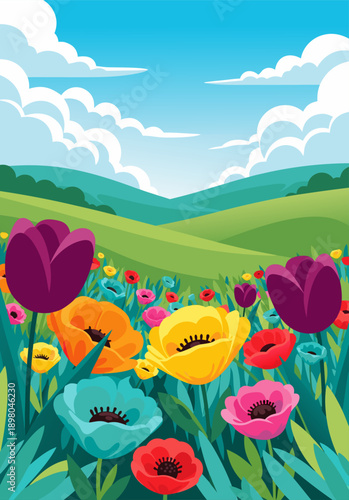 Vibrant spring meadow vector illustration with colorful flowers and rolling green hills under a clear blue sky, capturing the beauty of nature's awakening