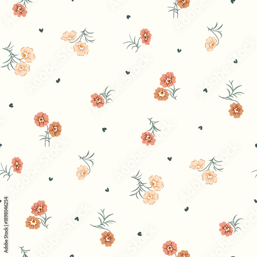 Seamless floral pattern, ditsy floral, flower fabric print in vintage liberty style on light background, timeless floral, small soft flower. Surface design for home textile, wallpaper pattern, fabric,