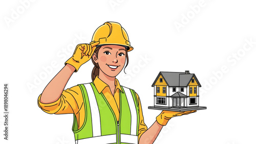 Female Construction Professional Woman Engineer in Hard Hat Female Engineer Holding House Model 