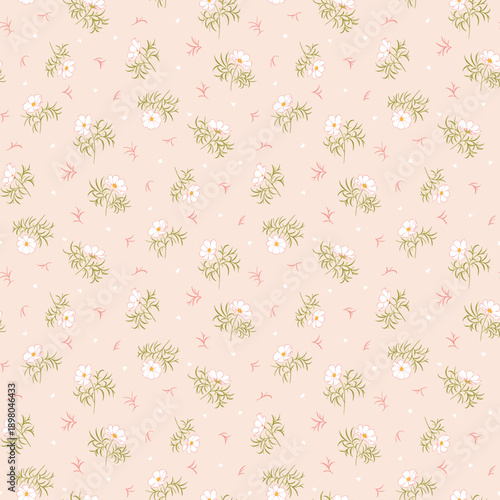 Seamless floral pattern, ditsy floral, flower fabric print in vintage liberty style on peach background, timeless floral, small soft flower. Surface design for home textile, wallpaper pattern, fabric,
