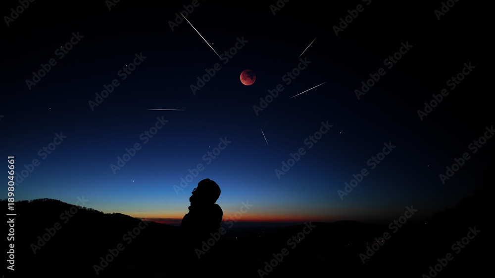 Fototapeta premium Amateur astronomer observing stars, planets, Moon eclipse and other celestial objects.