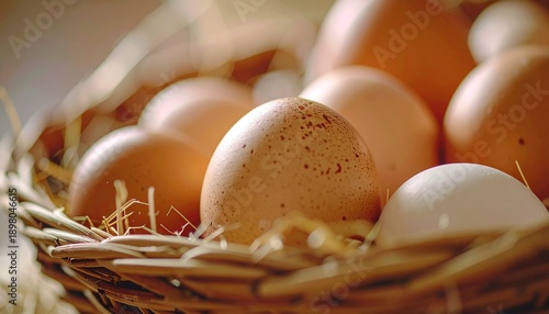 A basket full of fresh brown and white eggs.