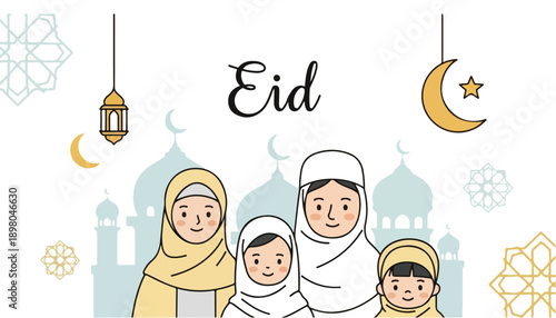 A heartwarming illustration of a Muslim family celebrating Eid with a mosque, crescent moon, and lantern in the background.