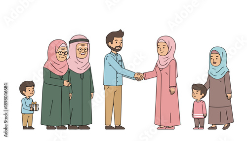 Muslim families greeting each other, with a man and woman shaking hands, surrounded by children and elders.