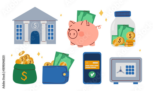 Finance, money set. Mobile , stack of coins, sack of dollars, paper money, wallet, piggy bank. Hand drawn collection isolated on white background. Vector illustration., design for banks, pawn shops.