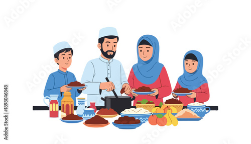 Muslim family breaking fast together during Ramadan, sharing a meal with dates and traditional dishes.