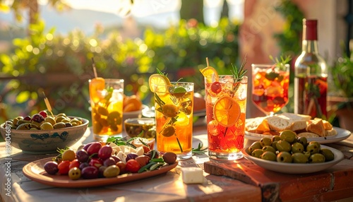 Outdoor table with refreshing cocktails and appetizers, bathed in the warm, golden glow of the sunset, creating an inviting al fresco dining scene