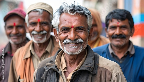 A group of Indian men with traditional forehead markings smiling.