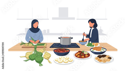 Two women in a modern kitchen preparing a traditional feast with various dishes, including ketupat, curries, and desserts, for a celebration.