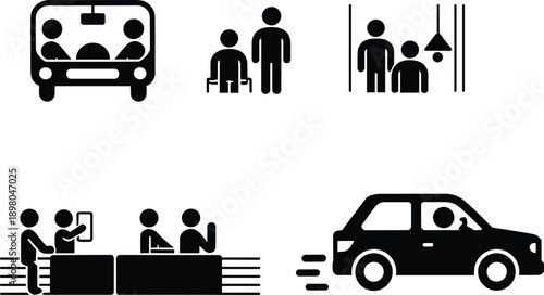 Public transport service icons set, bus passengers, wheelchair accessibility, elevator safety, ticket counter, car driving symbols, flat pictogram illustration