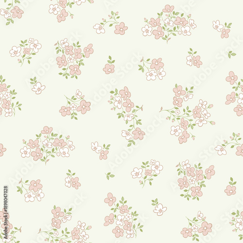 Seamless floral pattern, ditsy floral, flower fabric print in vintage liberty style on sage green background, timeless floral, small soft flower. Design for home textile, wallpaper pattern, fabric