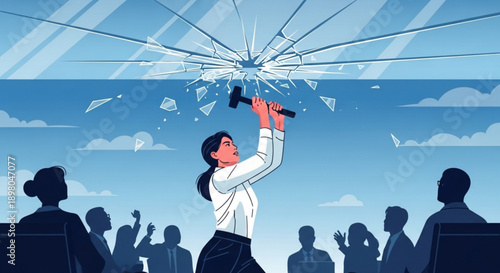 Woman Breaking Glass Ceiling with Hammer in Office Environment, Empowering Female Leadership