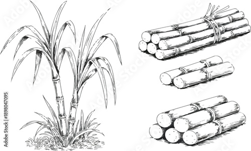 Black and White Sugarcane Stalks and Pieces Vector IllustrationBlack and White Sugarcane Stalks and Pieces Vector Illustration