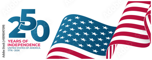 USA 250th anniversary celebration background for 4th of July greetings and invitations. Waving national flag of the United States. Vector illustration.
