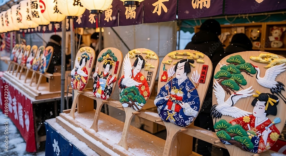 Naklejka premium Traditional Japanese Daruma Dolls at Street Market Stall