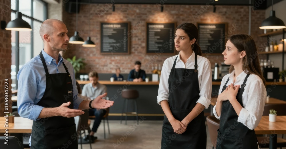 Obraz premium Restaurant Manager Briefing Wait Staff: Teamwork, Training, and Service Excellence in a Modern Cafe Setting