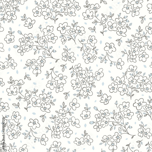 Seamless floral pattern, ditsy floral, flower fabric print in vintage monochrome style on light background, timeless floral, small flower. Design for home textile, wallpaper pattern, fabric, fashion
