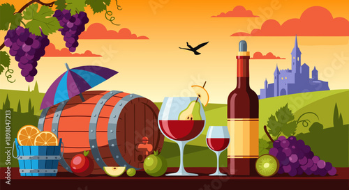 Lush vineyard harvest vector illustration at sunset featuring a wine barrel, grapes, and glasses of red wine, evoking a rich, celebratory drink scene
