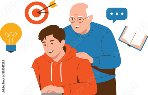 Grandfather and Grandson Learning Together on Laptop – Family Education Illustration