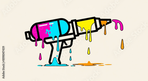 Colorful Paint Guns Dripping Paint on White Background