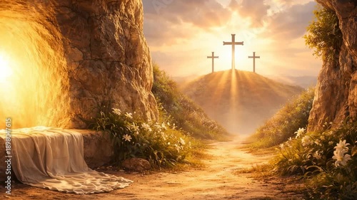 Empty tomb and three crosses on hill with golden sunrise symbolize Easter resurrection hope and Christian faith