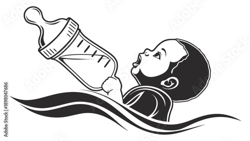 A baby lying down holding a feeding bottle, viewed from the side, in a simple black and white illustration.