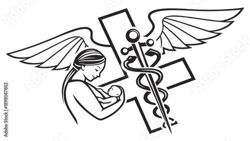 Angel nurturing a person with a medical cross and staff of Hermes symbol in the background illustration