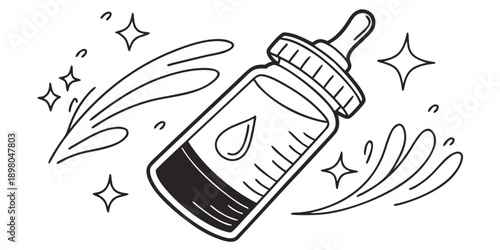A baby bottle with a dropper lid, surrounded by splash elements and sparkles, in a simple line art style.