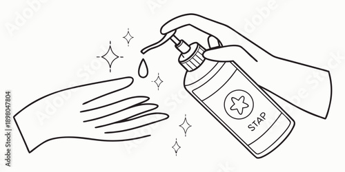 Hand applying sanitizer from a bottle to another hand, emphasizing cleanliness and hygiene in a simple line illustration