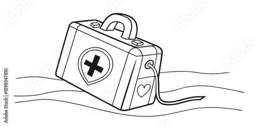 A simple line drawing of a medical kit on a flat surface with a handle and cross symbol
